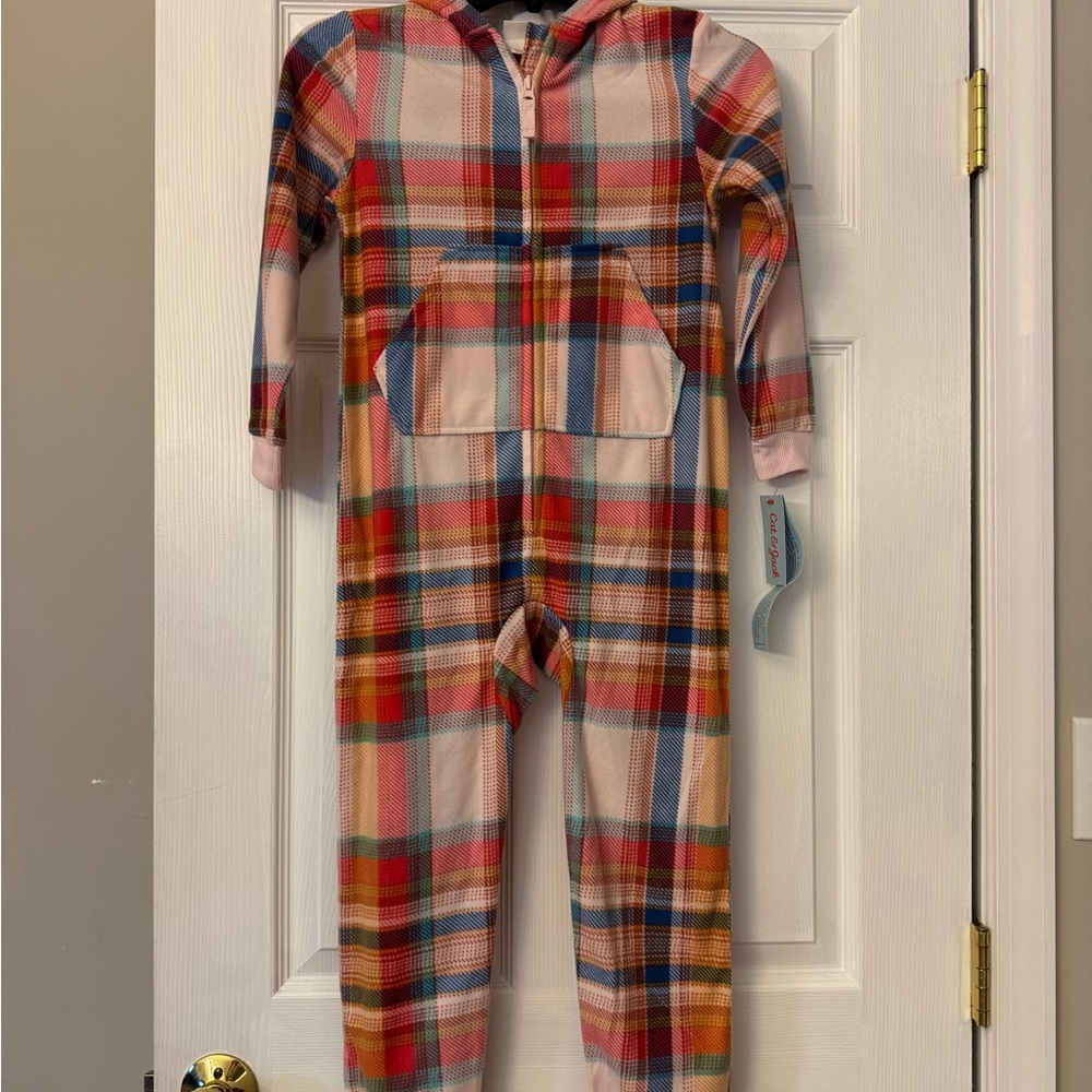 Cat & Jack Girls Size M (8)  Fleece 1-piece Zip Hooded Plaid Pajama Front Pocket